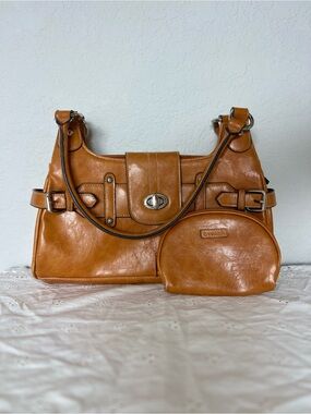 Strada Brown Shoulder Bag Turn Lock Zip Top Silver Hardware Lined w/ Pouch Y2K